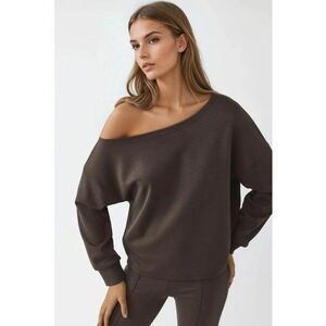 Hanorac femei - guler asimetric - croiala lejera - maro cafeniu - textil imagine