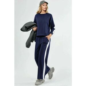 Set din doua piese - pantaloni cu talie inalta - picioare largi - bleumarin imagine