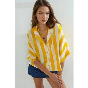 Camasa dama croiala relaxata - dungi - galben lamaie/alb - textil imagine