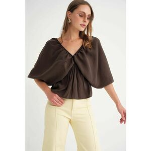 Bluza dama - decolteu in V - detaliu cu volane - maro cafeniu - textil imagine
