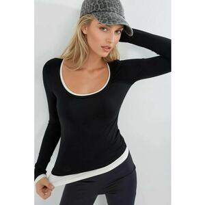 Bluza dama maneca lunga - banda contrastanta - negru - jerseu - imagine
