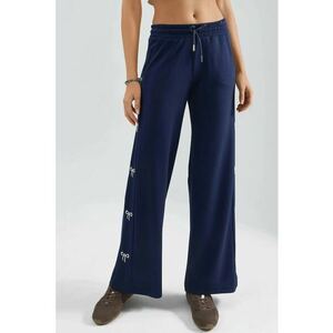 Pantaloni dama - tricotati - talie inalta - picior lat - bleumarin - textil modal - imagine