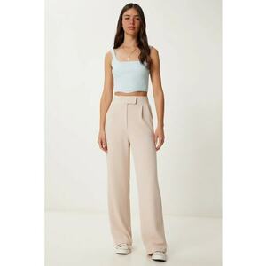 Pantaloni dama - Happiness Istanbul - Palazzo talie inalta - textil - Crem imagine