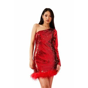 Rochie Mini - Detalii din Blana Artificiala - Rosu - Poliester imagine