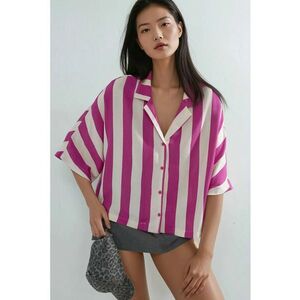 Camasa dama - cu nasturi si dungi - roz magenta/alb - textil imagine