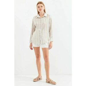 Camasa dama - satin - maneca lunga - bej/alb imagine