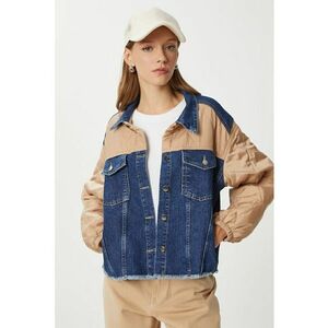 Jacheta scurta - Happiness Istanbul - denim - bleumarin/bej - decolteu in V - cu nasturi imagine