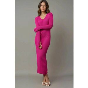 Rochie maxi - tricotata - decolteu in V - roz - imagine
