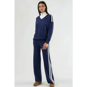 Set coordonat din doua piese - guler cu fermoar - pantaloni largi - bleumarin - tricotat imagine