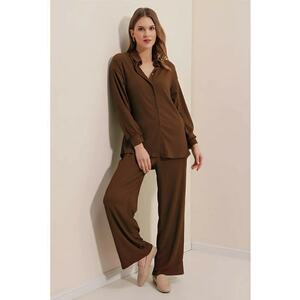 Costum dama - set tricotat - camasa cu maneca lunga si pantaloni asortati - maro - imagine