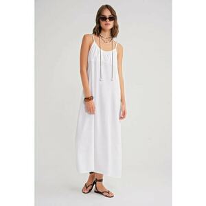 Rochie Maxi - bretele - detalii incretite - Alb - Textil imagine