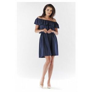 Rochie Dama - Spaniola Evazata Lejera - Decolteu Spaniol - Tesatura cu Structura de In - Elastic in Talie - Ideala Vara si Vacanta - Confort si Lejeritate - Produsa in Polonia - Bleumarin - Albastru inchis imagine