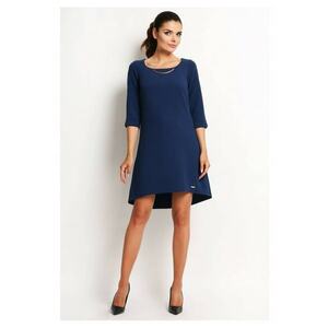 Rochie Trapez - Tip Midi - Asimetrica - Stil Casual - Elegant - Business - 58% Poliester - 37% Viscoza - 5% Elastan - Lungime Maneca 3/4 - Decolteu Rotund - Pentru Birou - Pentru Munca - Pentru Intalnire - Bleumarin - Albastru inchis imagine