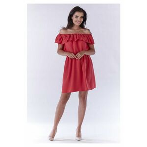 Rochie Dama - Spaniola Evazata Lejera - Decolteu Spaniol - Tesatura cu Structura de In - Elastic in Talie - Ideala Vara si Vacanta - Confort si Lejeritate - Produsa in Polonia - Rosu - Marime imagine