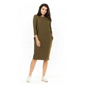 Rochie Dama - L059 - Marime S/M - Material 70% Vascoza - 25% Poliester - 5% Elastan - Lungime Midi - Decolteu Rotund - Maneca 3/4 - Accesorii 2 Buzunare Laterale - Khaki imagine