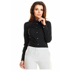 Camasa Dama - Croiala Clasica Simpla - Scurta - Inchidere Nasturi Aurii cu Interior Perlat - Stil Elegant - Conceputa si Cusuta in Polonia - Calitate Superioara - Negru - Negru imagine