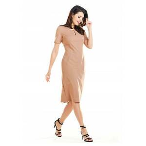 Rochie Dama - Cocteil Midi Cambrata - Croiala Simpla care Subliniaza Silueta - Maneca Scurta - Slit la Spate - Inchidere Fermoar - Ideala Birou si Evenimente - Produsa in Polonia - Bej - Bej imagine