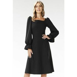 Rochie midi - decolteu patrat - maneci lungi - neagra - poliester-elastan imagine