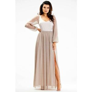 Rochie maxi crapata pe picior bej - poliester/elastan imagine