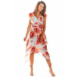 Rochie de vara - maneca scurta - model floral - Alb/Portocaliu imagine