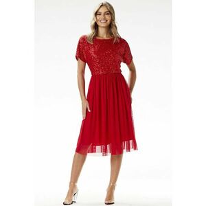 Rochie de seara midi paiete si tul - rosu - poliester/elastan imagine
