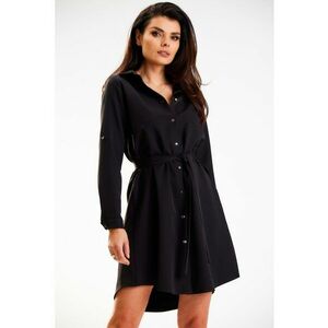 Rochie tip camasa A568 - mini - negru - set cu cordon - poliester/elastan - imagine