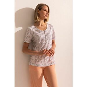 Pijama din bumbac cu pantaloni scurti si imprimeu - Alb/Portocaliu pal imagine