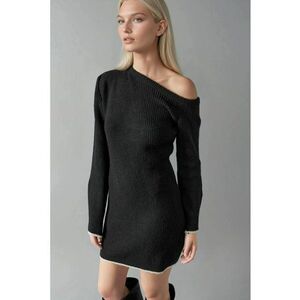 Rochie tricotata - guler asimetric - negru - tricot - imagine