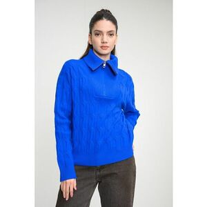 Pulover din lana cu fermoar scurt si model torsade - Albastru royal imagine