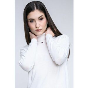 Pulover din bumbac organic cu guler inalt si model uni - Alb imagine