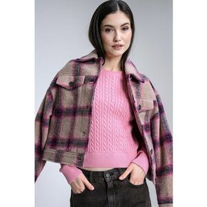 Pulover slim fit cu model torsade - Roz imagine