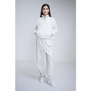 Bluza de trening cu fenta cu fermoar si buzunar kangaroo - Alb imagine
