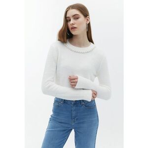 Pulover crop cu perle sintetice - Alb murdar imagine
