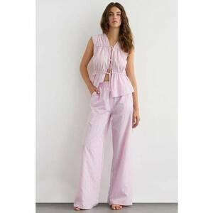 Pantaloni dama - cu dungi - talie elastica - roz - bumbac si poliester imagine