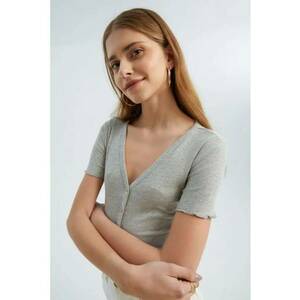 Tricou dama - texturat - decolteu in V - maneca scurta - gri - jerseu imagine