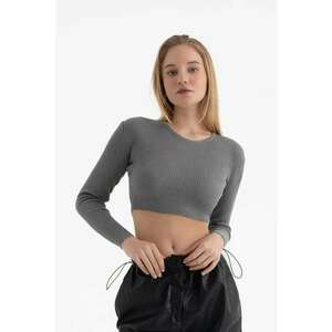 Top tricotat - top scurt cu maneca lunga - guler rotund - nervuri - gri - jerseu imagine