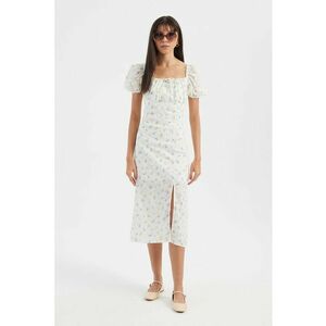 Rochie midi - imprimeu floral - decolteu patrat - maneci bufante - alb - textil imagine