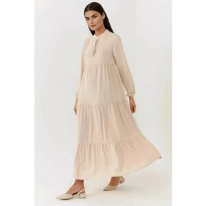 Rochie maxi guler rotund - maneci lungi - bej - textil imagine