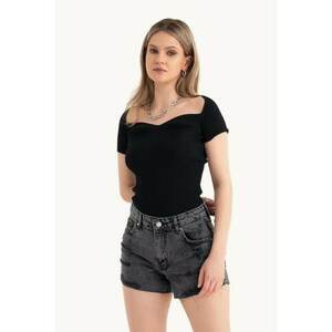 Top bodycon - maneca scurta - decolteu in forma de inima - negru - jerseu imagine