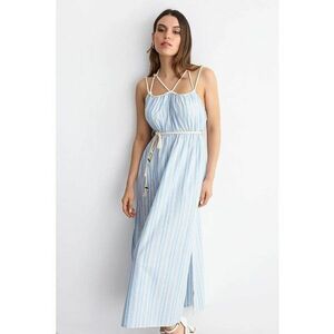 Rochie maxi - Dungi - Bretele tip spaghetti - Albastru deschis - Bumbac/Poliester imagine