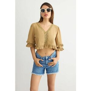 Bluza scurta - decolteu in V - volane - maro - bumbac imagine
