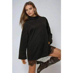 Rochie mini - guler inalt - detalii din dantela - negru - jerseu imagine