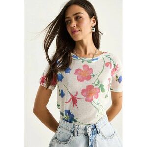 Tricou dama decolteu rotund - imprimeu floral - bumbac/lycra - multicolor imagine