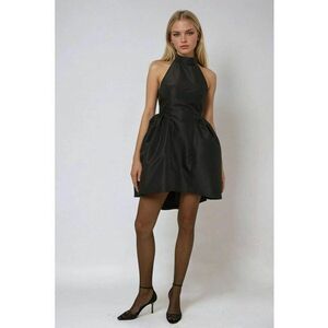 Rochie mini - decolteu halter - detalii incretite - negru - poliester imagine