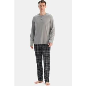 Pijama din amestec de modal cu decolteu henley - Negru/Gri imagine
