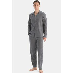 Pijama lunga din amestec de modal cu model in dungi - Gri melange/Bleumarin imagine