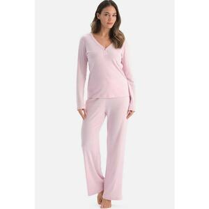 Pijama lunga cu decolteu in V - Roz pastel imagine
