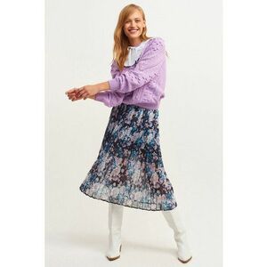 Fusta midi din sifon cu pliseu - Negru/Roz/Albastru imagine