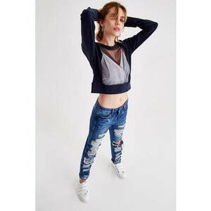 Bluza de trening crop cu insertie din plasa - Bleumarin imagine