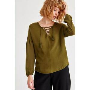 Bluza cu decolteu in V si sireturi - Verde masliniu imagine